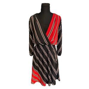 White House Black Market Silk Red and Black Striped Faux Wrap Dress Size 6